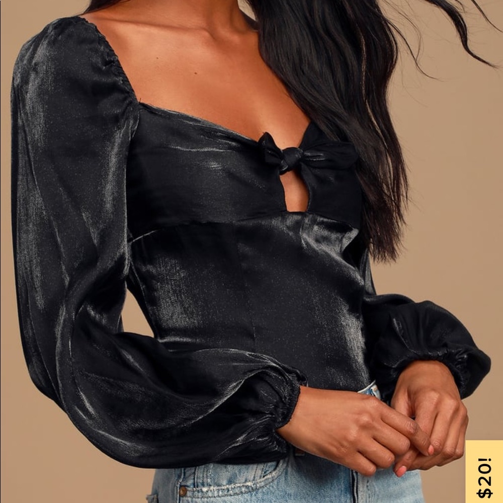 Black Satin Tie-Front Puff Sleeve Top - Lulus - M